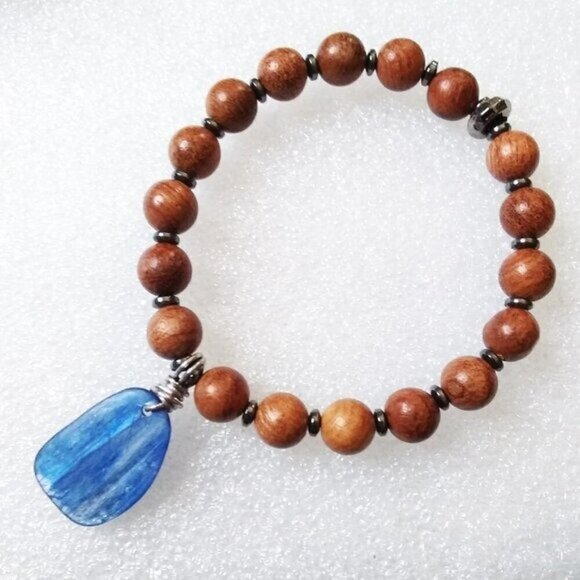Blue Kyanite + Hematite + Wood ~ Beaded Stretch Bracelet ~ 6-6.5" Wrist ~ Unisex - Picture 4 of 8